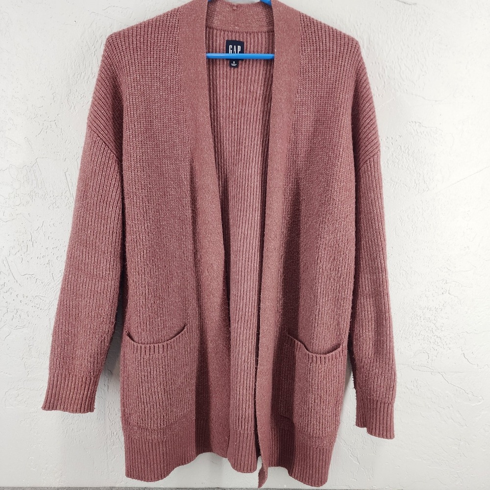 GAP Mauve Pink Ribbed Knit Open Front Cardigan Sweater Pockets Womens Small
